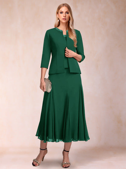 Robe de Mère de la Mariée Deux Piècesà Manches 3/4 et Coupe Princesse avec Paillettes