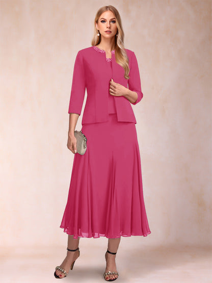 Robe de Mère de la Mariée Deux Piècesà Manches 3/4 et Coupe Princesse avec Paillettes