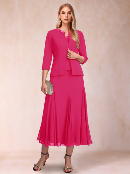 Robe de Mère de la Mariée Deux Piècesà Manches 3/4 et Coupe Princesse avec Paillettes