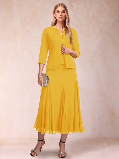 Robe de Mère de la Mariée Deux Piècesà Manches 3/4 et Coupe Princesse avec Paillettes