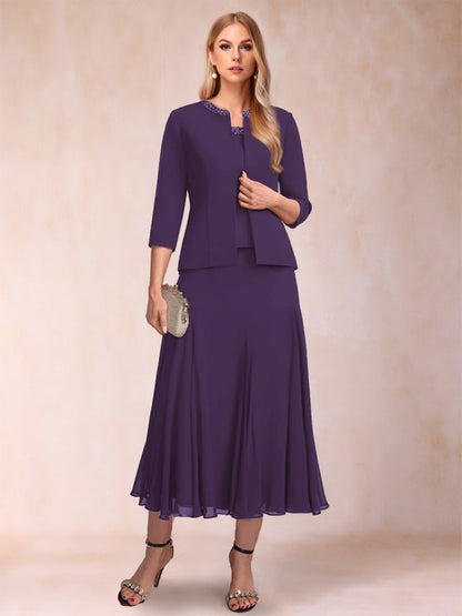 Robe de Mère de la Mariée Deux Piècesà Manches 3/4 et Coupe Princesse avec Paillettes