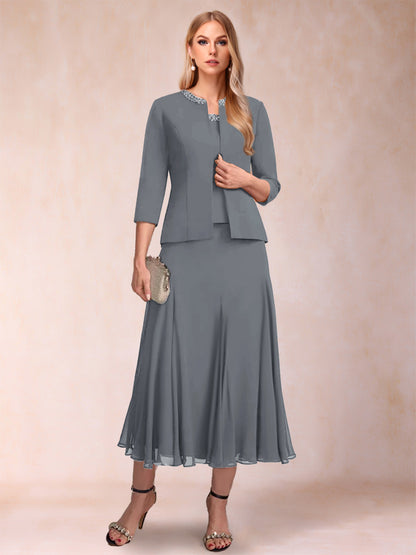 Robe de Mère de la Mariée Deux Piècesà Manches 3/4 et Coupe Princesse avec Paillettes