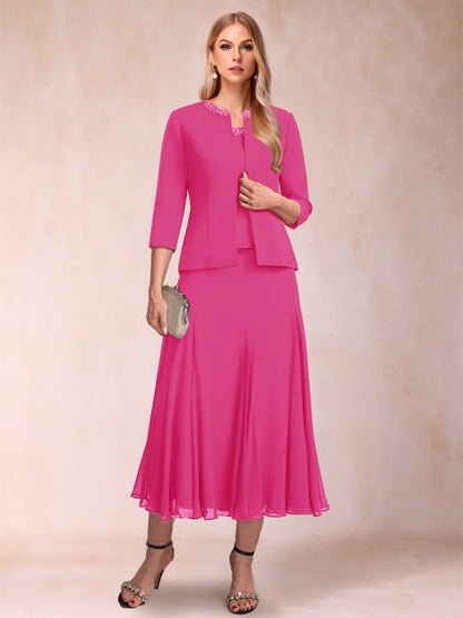 Robe de Mère de la Mariée Deux Piècesà Manches 3/4 et Coupe Princesse avec Paillettes