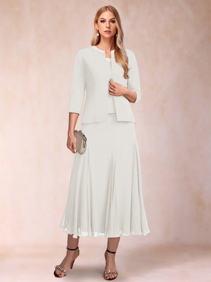 Robe de Mère de la Mariée Deux Piècesà Manches 3/4 et Coupe Princesse avec Paillettes