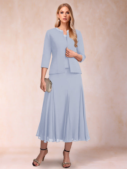 Robe de Mère de la Mariée Deux Piècesà Manches 3/4 et Coupe Princesse avec Paillettes