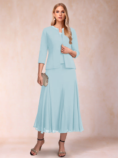 Robe de Mère de la Mariée Deux Piècesà Manches 3/4 et Coupe Princesse avec Paillettes