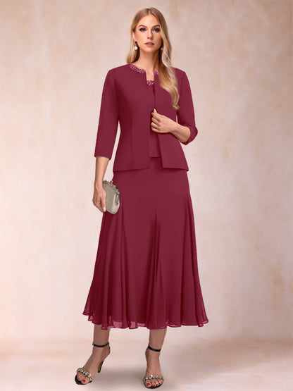 Robe de Mère de la Mariée Deux Piècesà Manches 3/4 et Coupe Princesse avec Paillettes