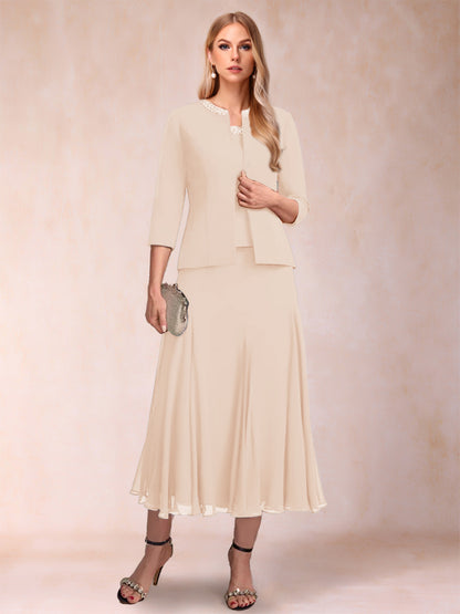 Robe de Mère de la Mariée Deux Piècesà Manches 3/4 et Coupe Princesse avec Paillettes