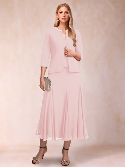 Robe de Mère de la Mariée Deux Piècesà Manches 3/4 et Coupe Princesse avec Paillettes