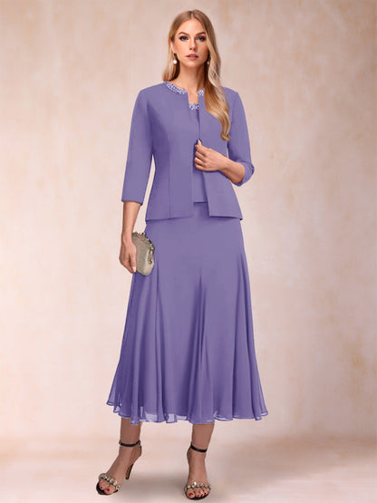 Robe de Mère de la Mariée Deux Piècesà Manches 3/4 et Coupe Princesse avec Paillettes