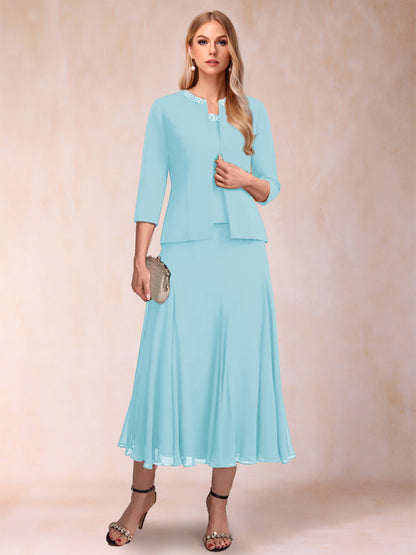 Robe de Mère de la Mariée Deux Piècesà Manches 3/4 et Coupe Princesse avec Paillettes