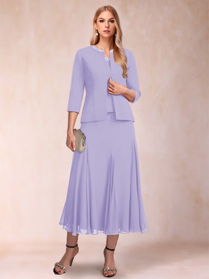 Robe de Mère de la Mariée Deux Piècesà Manches 3/4 et Coupe Princesse avec Paillettes