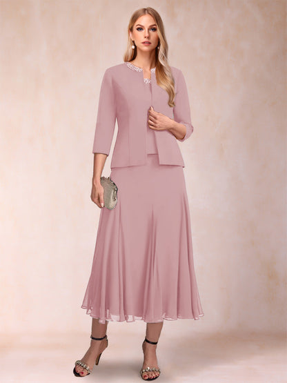 Robe de Mère de la Mariée Deux Piècesà Manches 3/4 et Coupe Princesse avec Paillettes