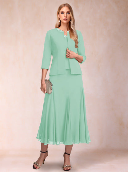 Robe de Mère de la Mariée Deux Piècesà Manches 3/4 et Coupe Princesse avec Paillettes