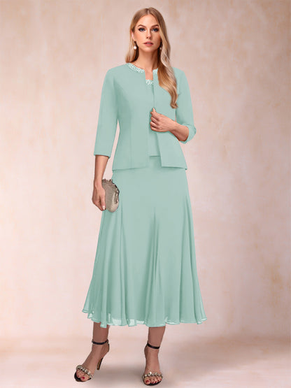 Robe de Mère de la Mariée Deux Piècesà Manches 3/4 et Coupe Princesse avec Paillettes