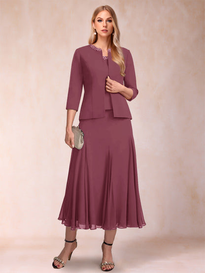 Robe de Mère de la Mariée Deux Piècesà Manches 3/4 et Coupe Princesse avec Paillettes