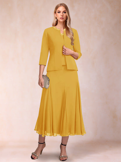 Robe de Mère de la Mariée Deux Piècesà Manches 3/4 et Coupe Princesse avec Paillettes