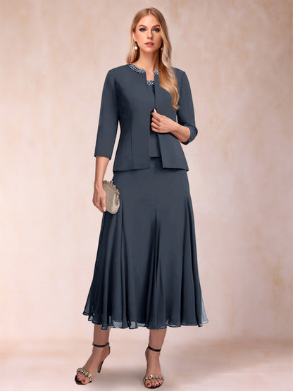 Robe de Mère de la Mariée Deux Piècesà Manches 3/4 et Coupe Princesse avec Paillettes