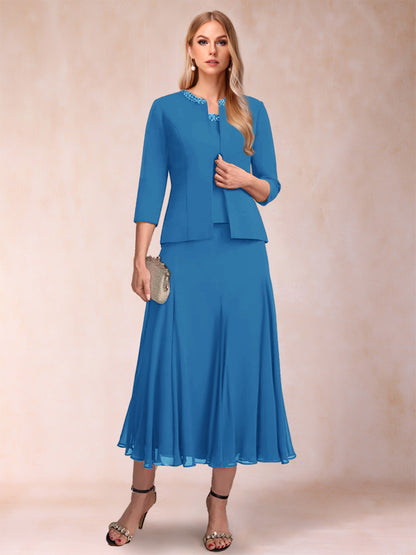 Robe de Mère de la Mariée Deux Piècesà Manches 3/4 et Coupe Princesse avec Paillettes