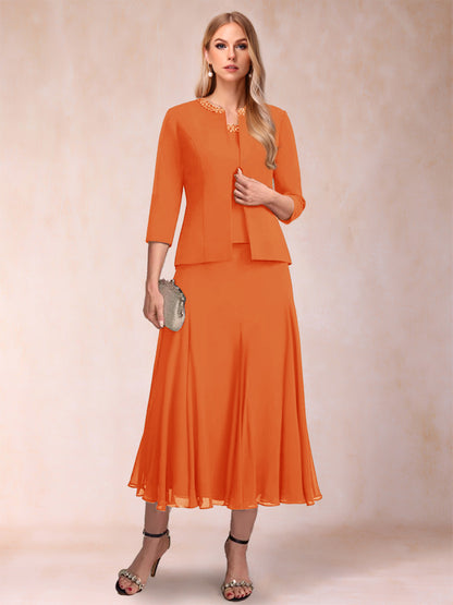 Robe de Mère de la Mariée Deux Piècesà Manches 3/4 et Coupe Princesse avec Paillettes