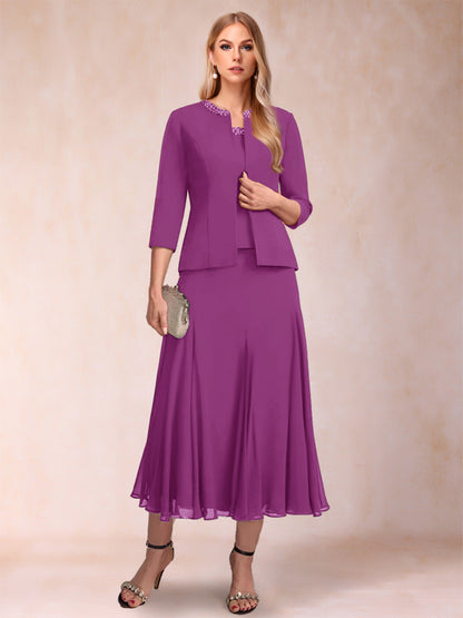 Robe de Mère de la Mariée Deux Piècesà Manches 3/4 et Coupe Princesse avec Paillettes