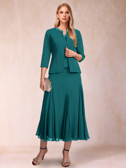 Robe de Mère de la Mariée Deux Piècesà Manches 3/4 et Coupe Princesse avec Paillettes