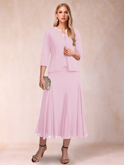 Robe de Mère de la Mariée Deux Piècesà Manches 3/4 et Coupe Princesse avec Paillettes