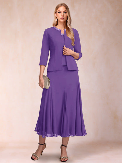 Robe de Mère de la Mariée Deux Piècesà Manches 3/4 et Coupe Princesse avec Paillettes