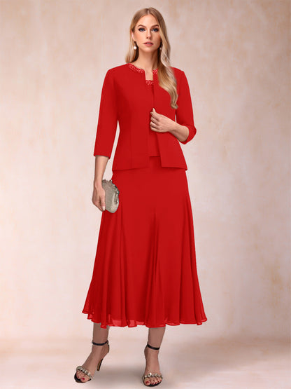 Robe de Mère de la Mariée Deux Piècesà Manches 3/4 et Coupe Princesse avec Paillettes