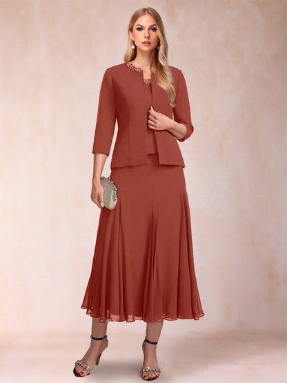 Robe de Mère de la Mariée Deux Piècesà Manches 3/4 et Coupe Princesse avec Paillettes