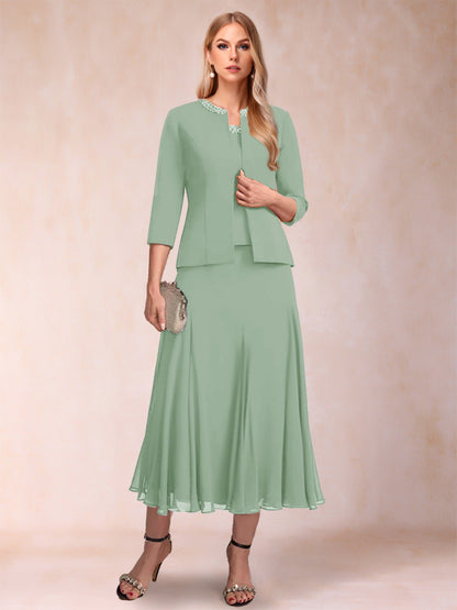 Robe de Mère de la Mariée Deux Piècesà Manches 3/4 et Coupe Princesse avec Paillettes