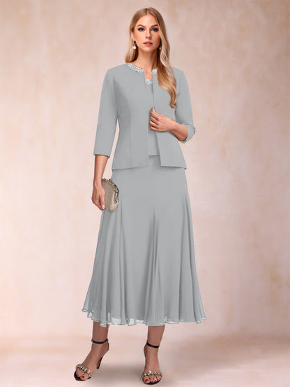 Robe de Mère de la Mariée Deux Piècesà Manches 3/4 et Coupe Princesse avec Paillettes