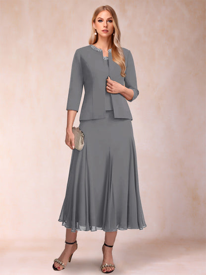 Robe de Mère de la Mariée Deux Piècesà Manches 3/4 et Coupe Princesse avec Paillettes