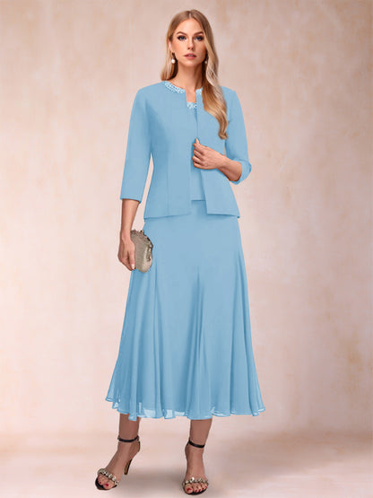 Robe de Mère de la Mariée Deux Piècesà Manches 3/4 et Coupe Princesse avec Paillettes