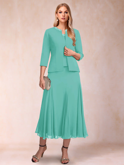 Robe de Mère de la Mariée Deux Piècesà Manches 3/4 et Coupe Princesse avec Paillettes