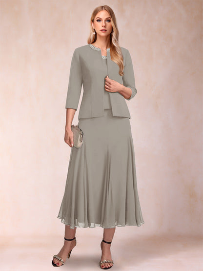 Robe de Mère de la Mariée Deux Piècesà Manches 3/4 et Coupe Princesse avec Paillettes