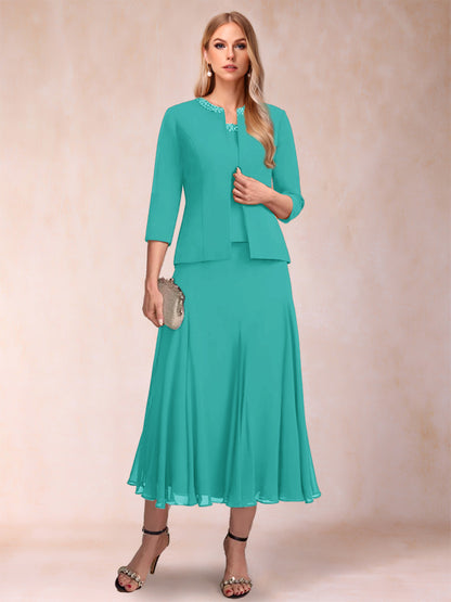 Robe de Mère de la Mariée Deux Piècesà Manches 3/4 et Coupe Princesse avec Paillettes