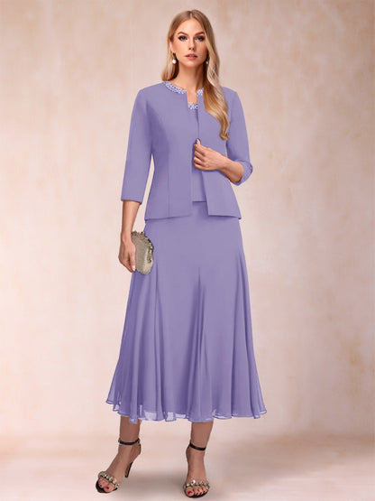 Robe de Mère de la Mariée Deux Piècesà Manches 3/4 et Coupe Princesse avec Paillettes