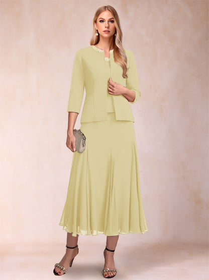 Robe de Mère de la Mariée Deux Piècesà Manches 3/4 et Coupe Princesse avec Paillettes