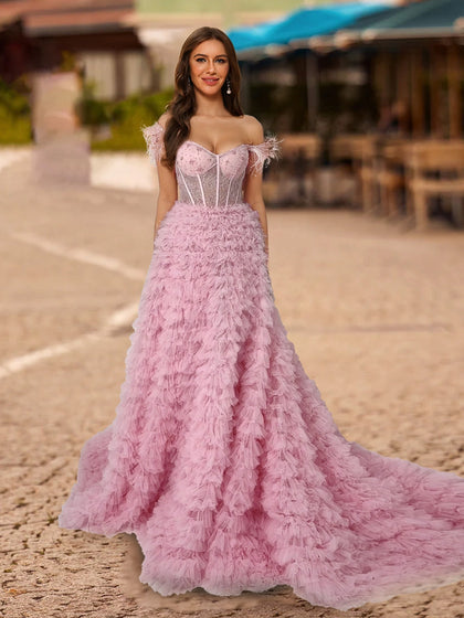 Robe de Bal Trapèze/Princesse à Manches Courtes et Épaules Dénudées avec Dentelle