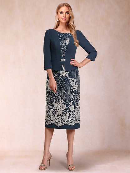 Robe Mère de la Mariée 2 Pièces, Fourreau/Colonne, Manches 3/4 avec Appliques