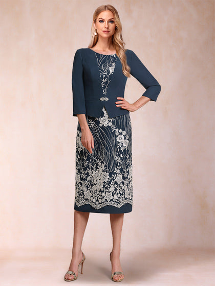 Robe Mère de la Mariée 2 Pièces, Fourreau/Colonne, Manches 3/4 avec Appliques