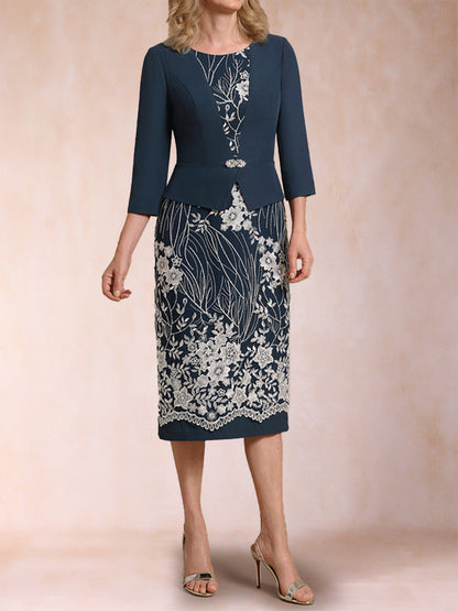 Robe Mère de la Mariée 2 Pièces, Fourreau/Colonne, Manches 3/4 avec Appliques