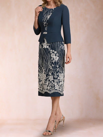 Robe Mère de la Mariée 2 Pièces, Fourreau/Colonne, Manches 3/4 avec Appliques