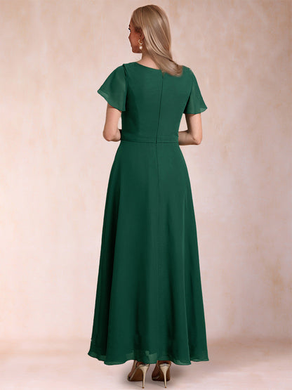 Robes de Mère de la Mariée à Manches Courtes, Coupe A-Line/Princesse, Décolleté Plongeant et Froncé