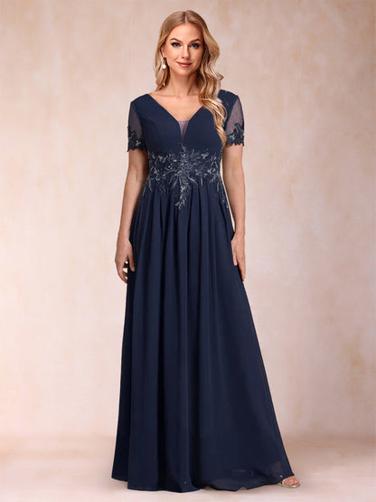 Robe de Mère de la Mariée Coupe A-Line/Princesse, Col en V, Manches Courtes avec Appliques