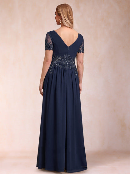 Robe de Mère de la Mariée Coupe A-Line/Princesse, Col en V, Manches Courtes avec Appliques