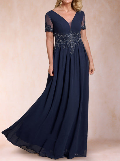 Robe de Mère de la Mariée Coupe A-Line/Princesse, Col en V, Manches Courtes avec Appliques