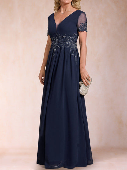 Robe de Mère de la Mariée Coupe A-Line/Princesse, Col en V, Manches Courtes avec Appliques