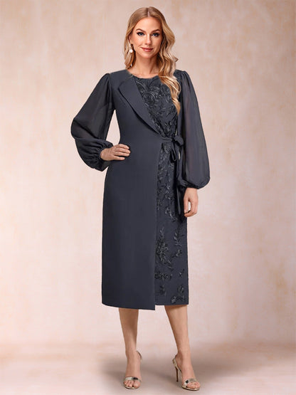 Robes de Mère de la Mariée Fourreau/Colonne à Manches Longues et Décolleté Plongeant avec Appliques